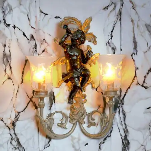 Extravagante Jugendstil Wandleuchte "GREEN CHERUB" Putto Wandlampe Engel