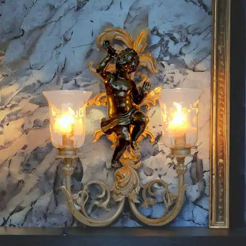 Extravagante Jugendstil Wandleuchte "GREEN CHERUB" Putto Wandlampe Engel