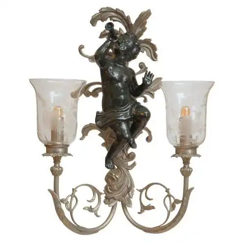 Extravagante Jugendstil Wandleuchte "GREEN CHERUB" Putto Wandlampe Engel