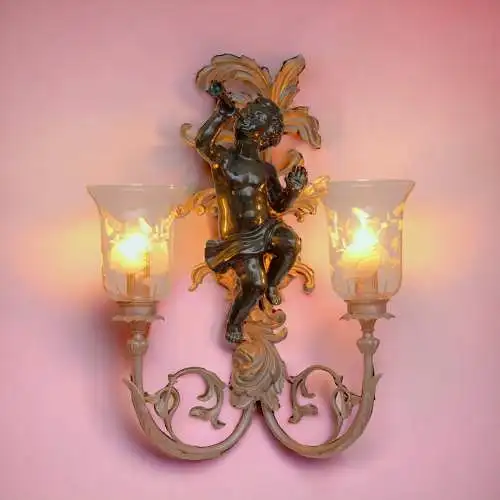 Extravagante Jugendstil Wandleuchte "GREEN CHERUB" Putto Wandlampe Engel