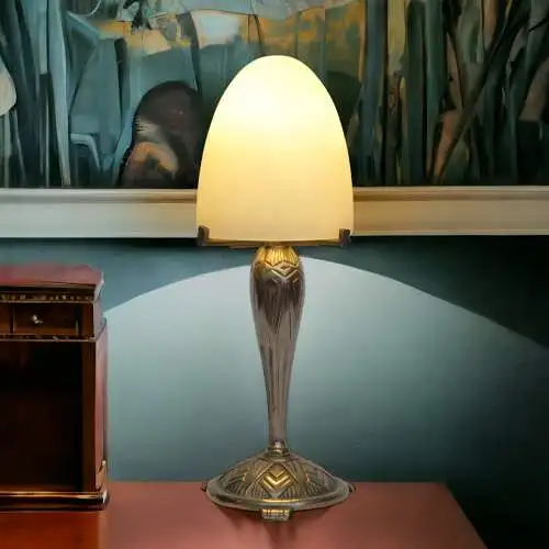 Original französische Art Deco Tischlampe signiert 1920 vernickelt Tischleuchte