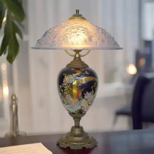 Elegant Art Deco Tischlampe "BIRD OF PARADISE" Unikat Schreibtischlampe Majolika
