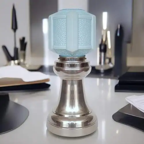 Art Deco Tischleuchte "SKYTOWER" Unikat Nickel Tischlampe silber blau