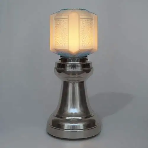 Art Deco Tischleuchte "SKYTOWER" Unikat Nickel Tischlampe silber blau