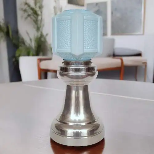 Art Deco Tischleuchte "SKYTOWER" Unikat Nickel Tischlampe silber blau