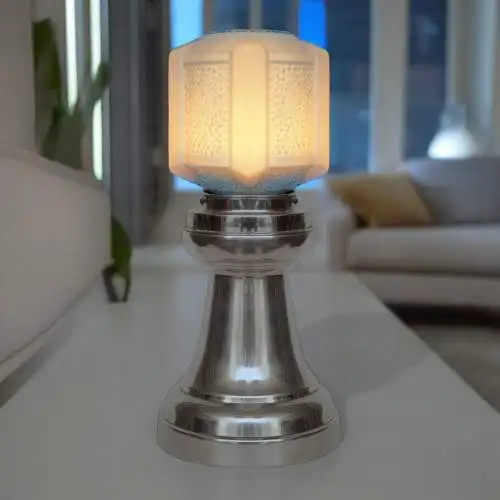 Art Deco Tischleuchte "SKYTOWER" Unikat Nickel Tischlampe silber blau