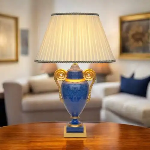 Klassische Landhaus Tischleuchte "GOLDEN BLUE" Tischlampe Keramik