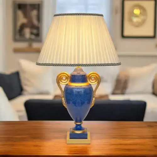 Klassische Landhaus Tischleuchte "GOLDEN BLUE" Tischlampe Keramik