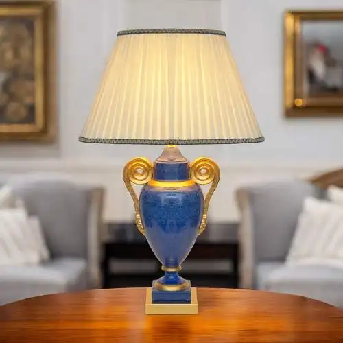 Klassische Landhaus Tischleuchte "GOLDEN BLUE" Tischlampe Keramik