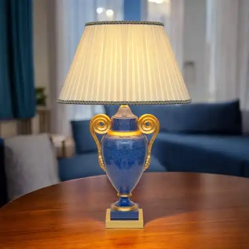 Klassische Landhaus Tischleuchte "GOLDEN BLUE" Tischlampe Keramik