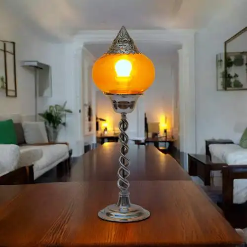 Art Deco Jugendstil Tischleuchte "TUNIS" Unikat Messinglampe Chrom Einzelstück