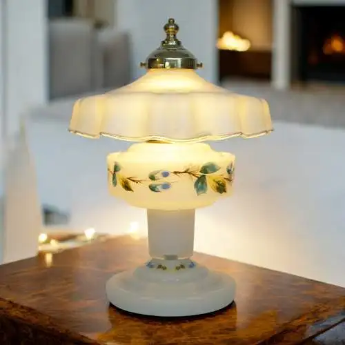 Romantische , unikate Jugendstil Glasleuchte Tischlampe "MILKY GARDENS" Lampe