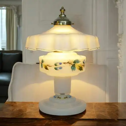 Romantische , unikate Jugendstil Glasleuchte Tischlampe "MILKY GARDENS" Lampe