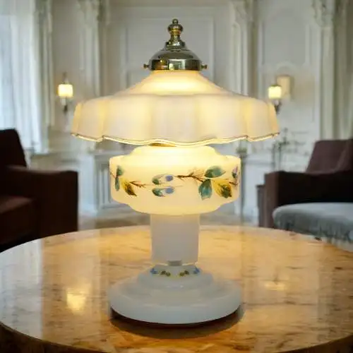 Romantische , unikate Jugendstil Glasleuchte Tischlampe "MILKY GARDENS" Lampe