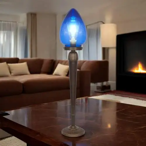 Unikate Art Déco Tischleuchte "BLUE EGGY" Einzelstück Messinglampe