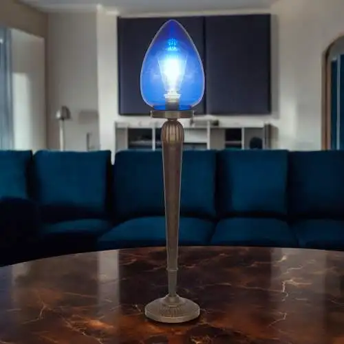 Unikate Art Déco Tischleuchte "BLUE EGGY" Einzelstück Messinglampe