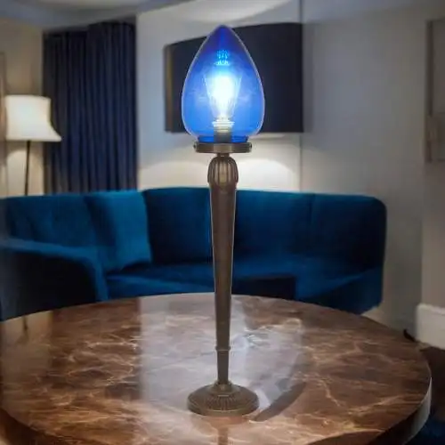 Unikate Art Déco Tischleuchte "BLUE EGGY" Einzelstück Messinglampe