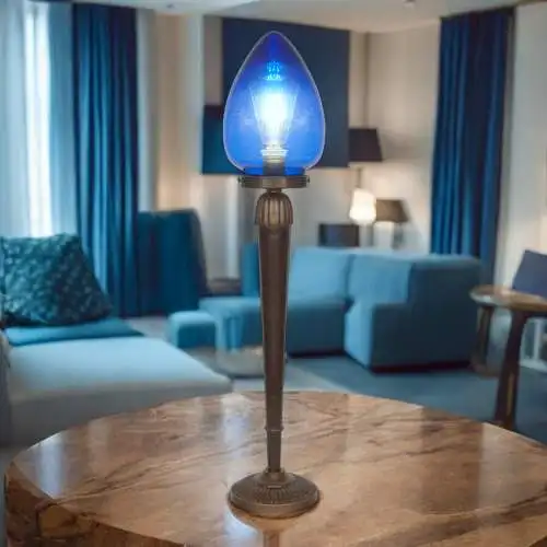 Unikate Art Déco Tischleuchte "BLUE EGGY" Einzelstück Messinglampe