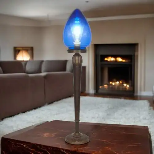 Unikate Art Déco Tischleuchte "BLUE EGGY" Einzelstück Messinglampe