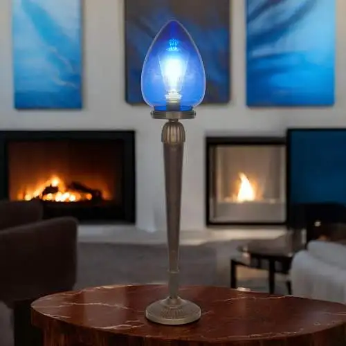 Unikate Art Déco Tischleuchte "BLUE EGGY" Einzelstück Messinglampe