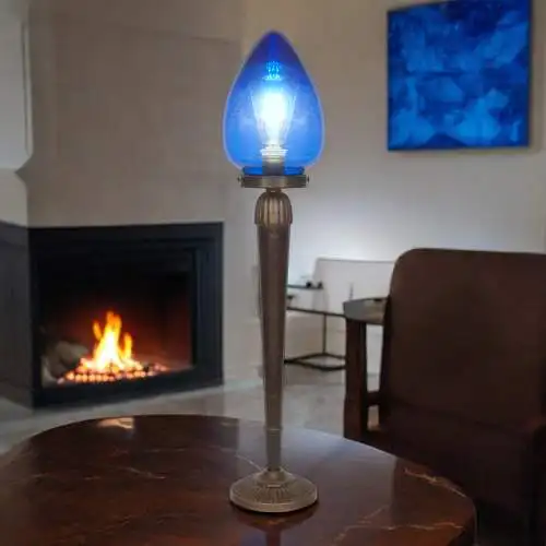 Unikate Art Déco Tischleuchte "BLUE EGGY" Einzelstück Messinglampe