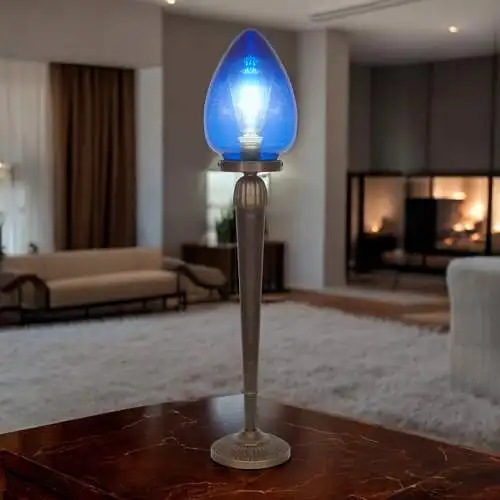 Unikate Art Déco Tischleuchte "BLUE EGGY" Einzelstück Messinglampe