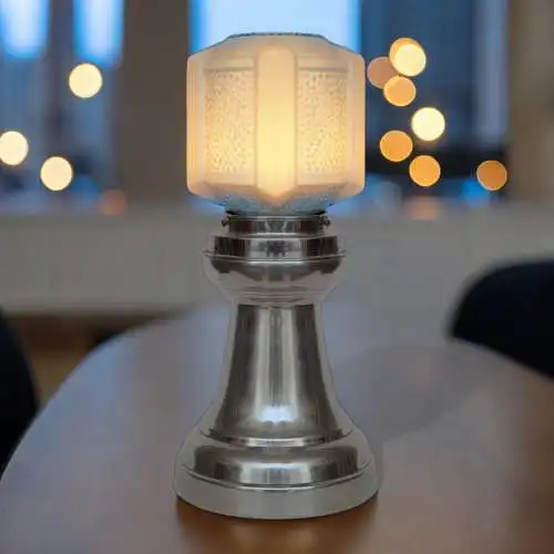 Art Deco Tischleuchte "SKYTOWER" Unikat Nickel Tischlampe silber blau