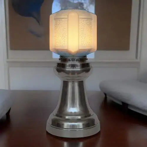 Art Deco Tischleuchte "SKYTOWER" Unikat Nickel Tischlampe silber blau