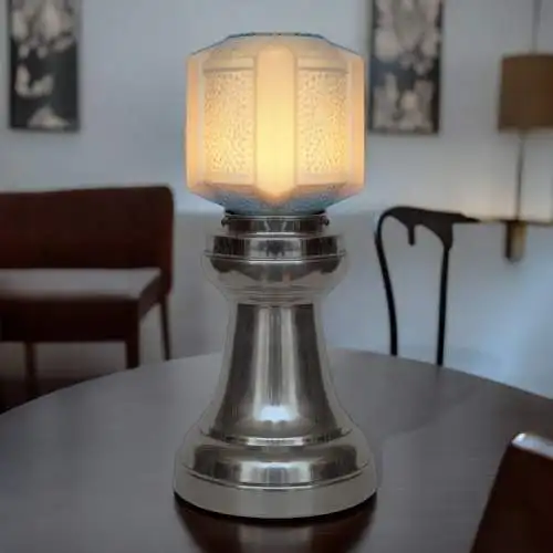 Art Deco Tischleuchte "SKYTOWER" Unikat Nickel Tischlampe silber blau