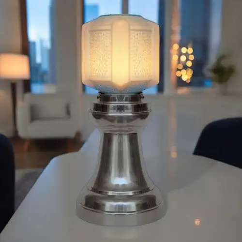 Art Deco Tischleuchte "SKYTOWER" Unikat Nickel Tischlampe silber blau