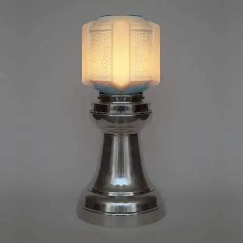 Art Deco Tischleuchte "SKYTOWER" Unikat Nickel Tischlampe silber blau