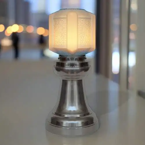 Art Deco Tischleuchte "SKYTOWER" Unikat Nickel Tischlampe silber blau