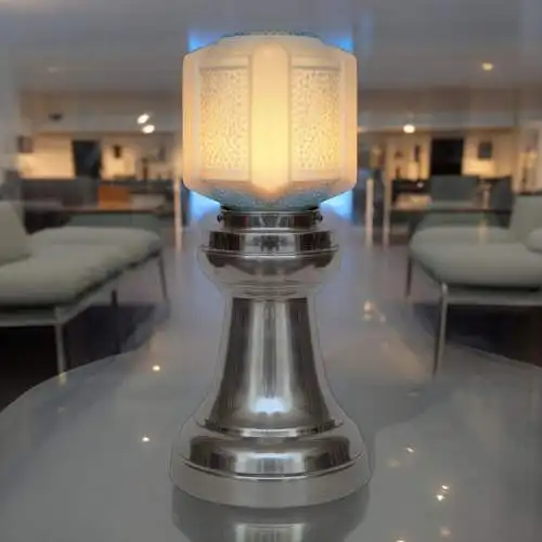 Art Deco Tischleuchte "SKYTOWER" Unikat Nickel Tischlampe silber blau