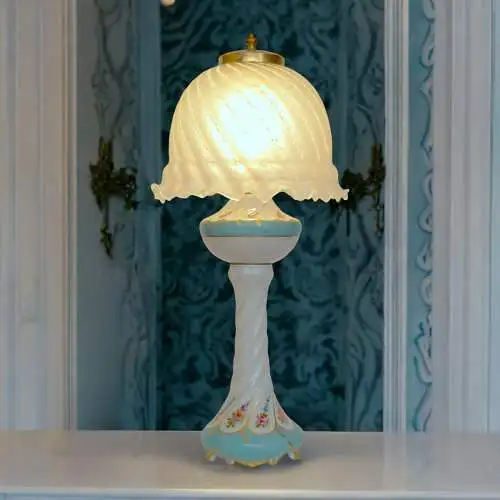 Große Einzigartige Limoges Porzellan Jugendstil Tischlampe "BLUE HEAVEN"