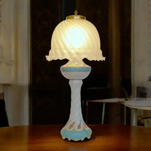 Große Einzigartige Limoges Porzellan Jugendstil Tischlampe "BLUE HEAVEN"