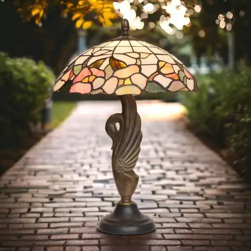 ART DECO Tischlampe "COLORED SWAN" Bronze Tiffanylampe Einzelstück