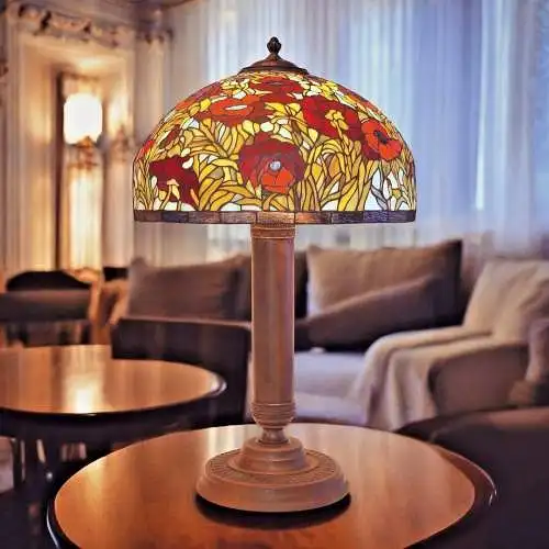Unikat große Tiffany Leuchte Tischlampe "AMSTERDAM" Einzelstück Messing 80 cm