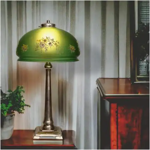 Schöne Landhaus Messinglampe vernickelt "TEMPTATION" apfelgrün Unikat Lampe
