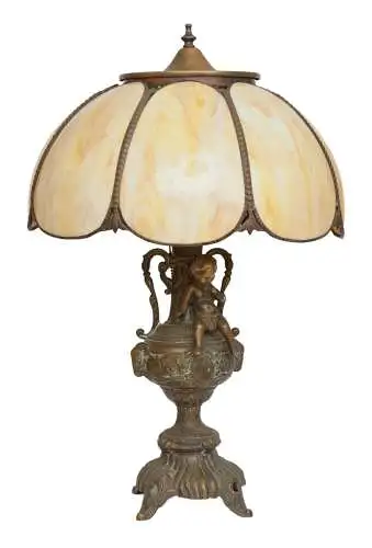 Große JUGENDSTIL Tischlampe "CHRISTMAS PUTTO" Messing Tiffany