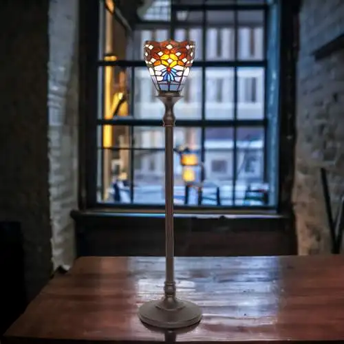 Tiffany Tischfluter Tischlampe "UP" Tischleuchte 65 cm hoch patiniert Jugendstil