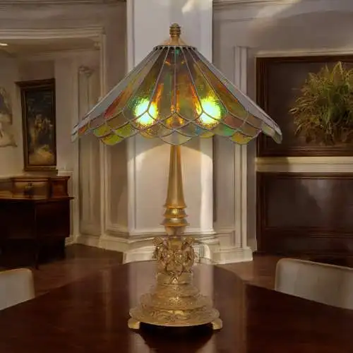 Klassische Jugendstil Tiffany Tischleuchte "TROIS TROMPETTES" Messinglampe