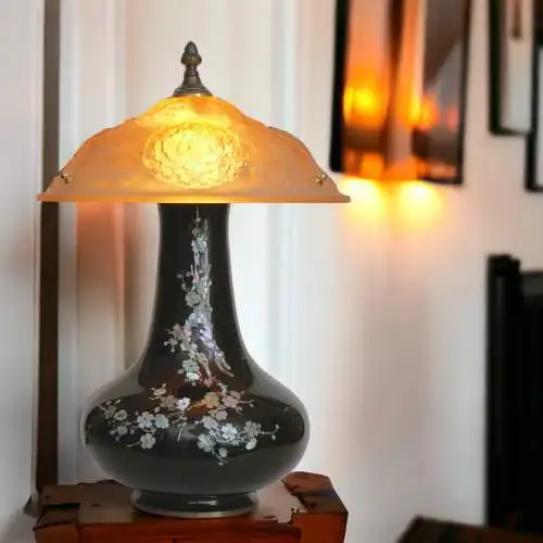 Jugendstil Lampe Tischeuchte "HANAMI" Lampe Messing antik Japonismus 1920