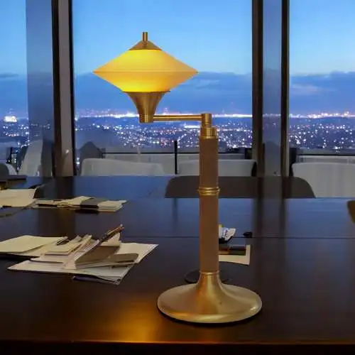 Klassische 80er Jahre Tischleuchte "NIKKEI UFO" Messinglampe Leder Unikat