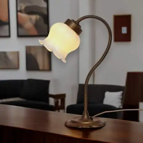 Jugendstil Messinglampe "WHITE ROSE" Unikat Tischleuchte