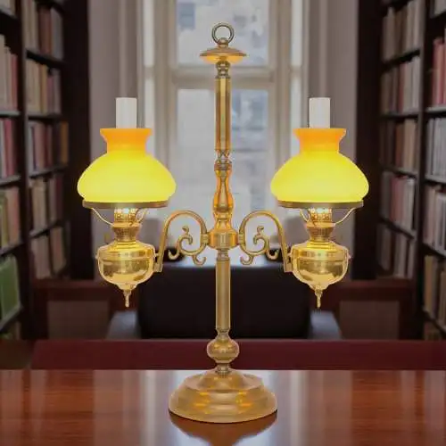 Jugendstil Bibliotheksleuchte Tischlampe Messinglampe Doppel Kontorleuchte Bank