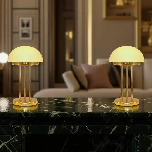 Art Déco Pilzlampe Bankerlampe "TRIPOD SAUCERS" Messinglampe Tischleuchte