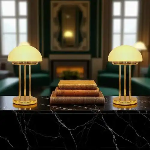 Art Déco Pilzlampe Bankerlampe "TRIPOD SAUCERS" Messinglampe Tischleuchte