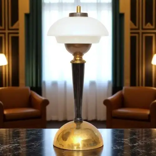 Unikat Art Déco Design Tischleuchte "BRISTOL SAUCER" Tischlampe Messinglampe
