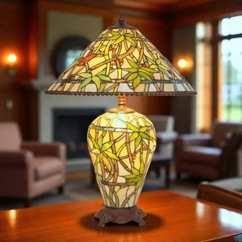 Prunkvolle Tiffany Tischleuchte "BAMBOO GARDENS" Tiffanylampe Fuß beleuchtet