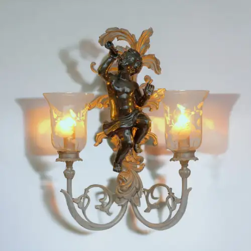 Extravagant Art Nouveau Wall Lamp " Green Cherub " Putto Angel